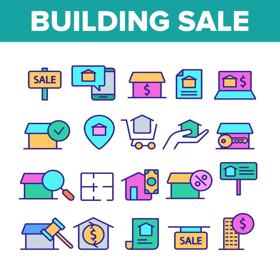 Color Buildings For Sale Vector Linear Icons Set