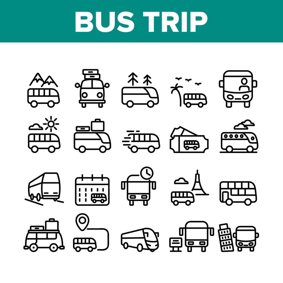 Bus Trip And Travel Collection Icons Set Vector