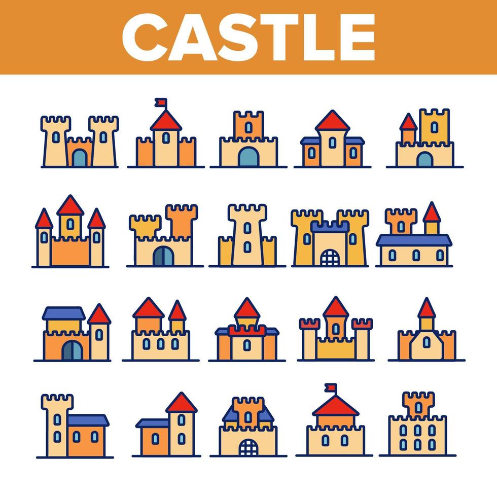 Castle, Medieval Buildings Linear Vector Icons Set