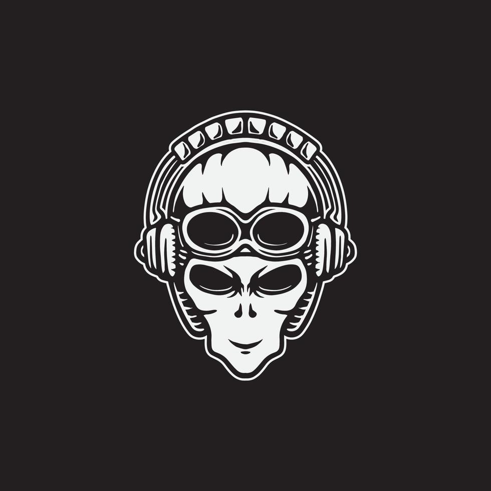 Alien with headphone and military helmet drawing illustration. vector