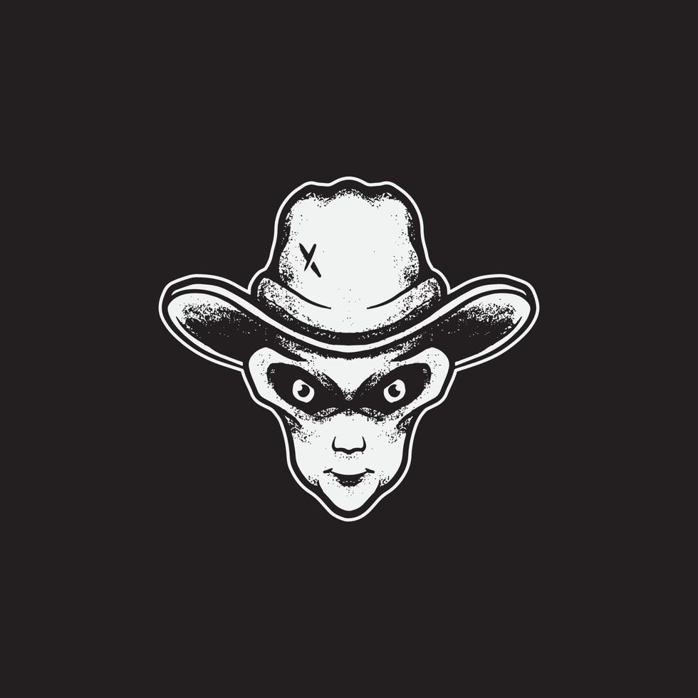 Alien with cowboy hat drawing illustration. vector