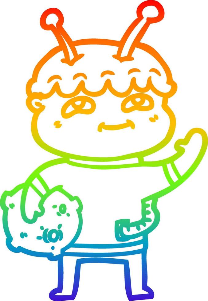 rainbow gradient line drawing friendly cartoon spaceman waving vector