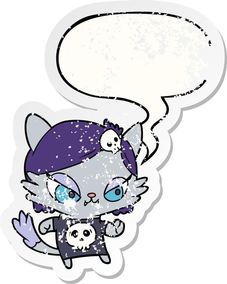 cute cartoon tough cat girl and speech bubble distressed sticker vector