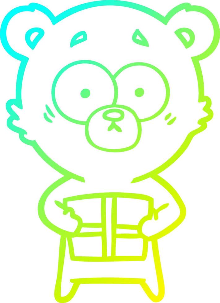 cold gradient line drawing nervous polar bear cartoon with gift vector