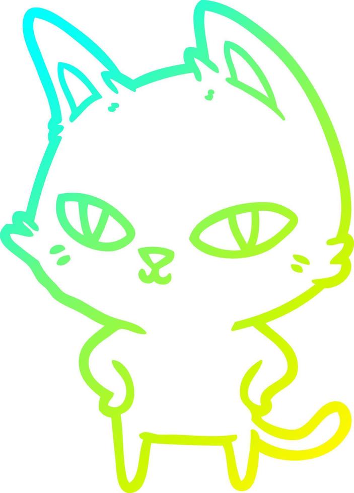 gato de dibujos animados de dibujo de línea de gradiente frío con ojos brillantes vector