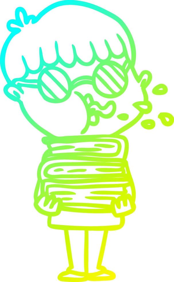 cold gradient line drawing cartoon boy wearing dark glasses carrying books vector