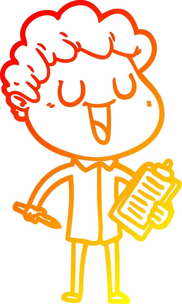 warm gradient line drawing laughing cartoon man with clipboard and pen vector
