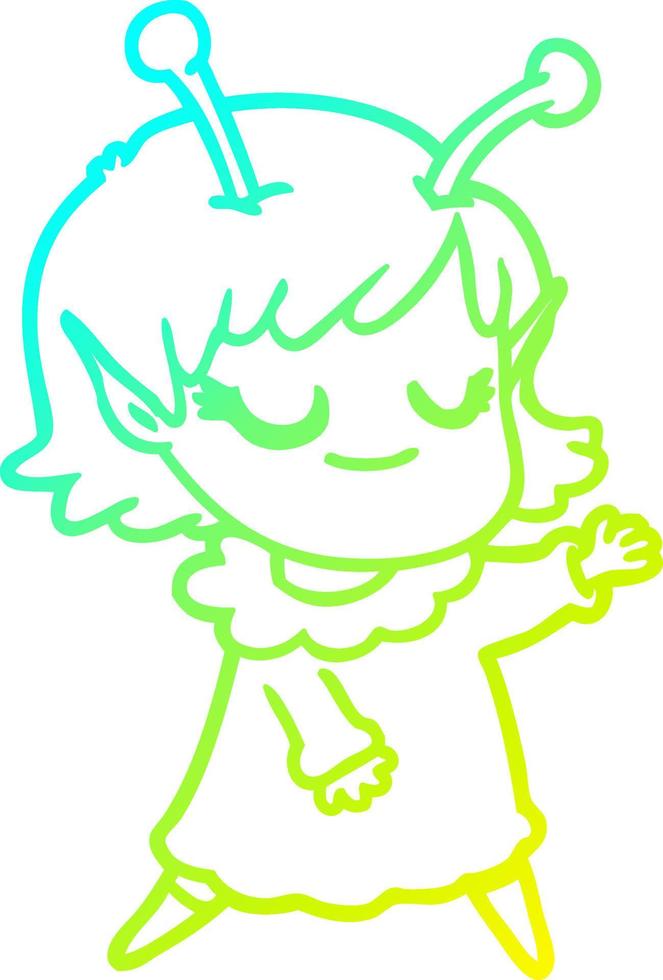 cold gradient line drawing smiling alien girl cartoon vector