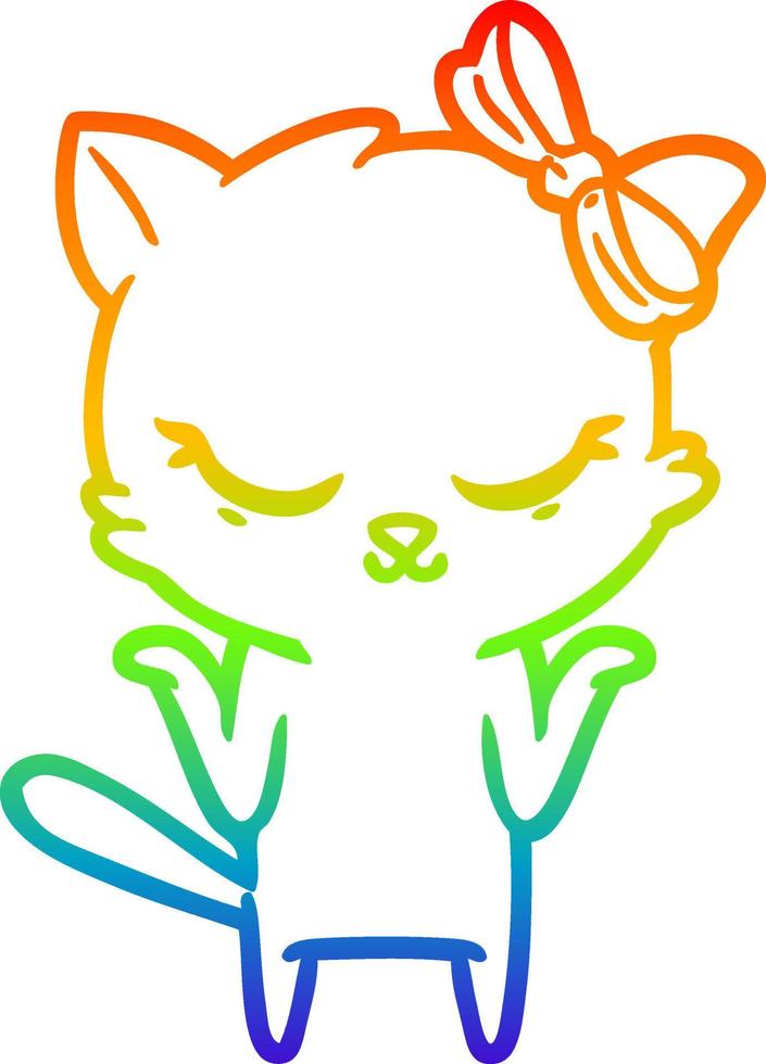 rainbow gradient line drawing cute cartoon cat with bow vector