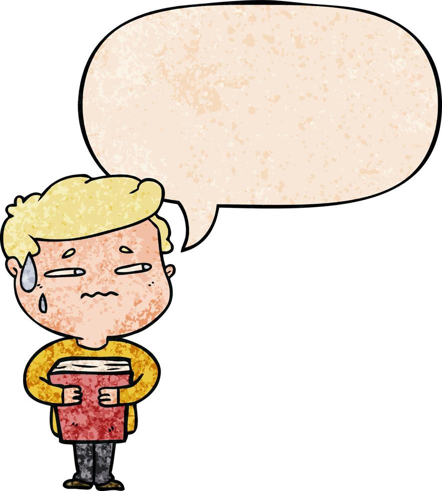 cartoon anxious boy carrying book and speech bubble in retro texture style vector