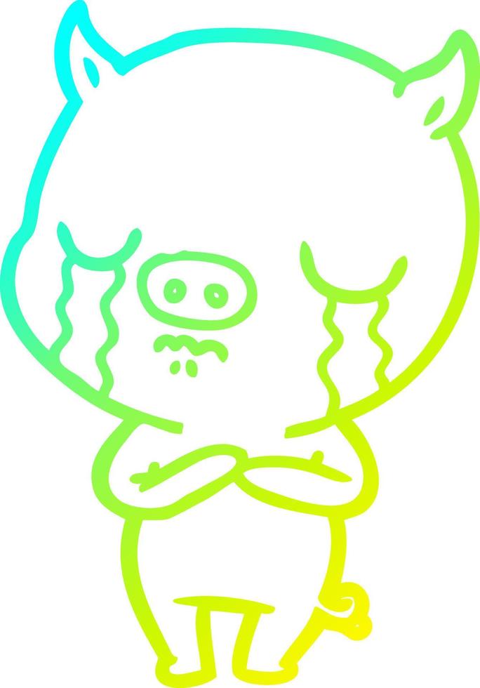 cold gradient line drawing cartoon pig crying vector