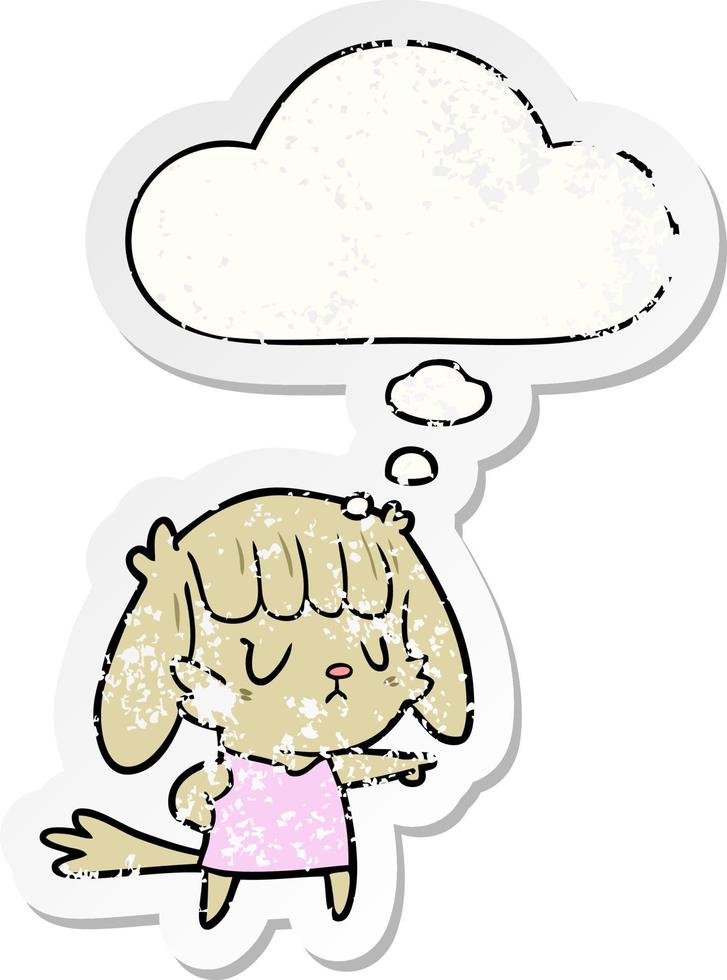 cartoon dog girl pointing and thought bubble as a distressed worn sticker vector