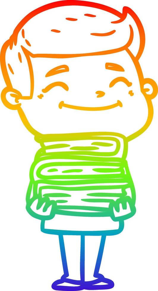 Dibujo de línea de gradiente de arco iris hombre de dibujos animados feliz con pila de libros vector