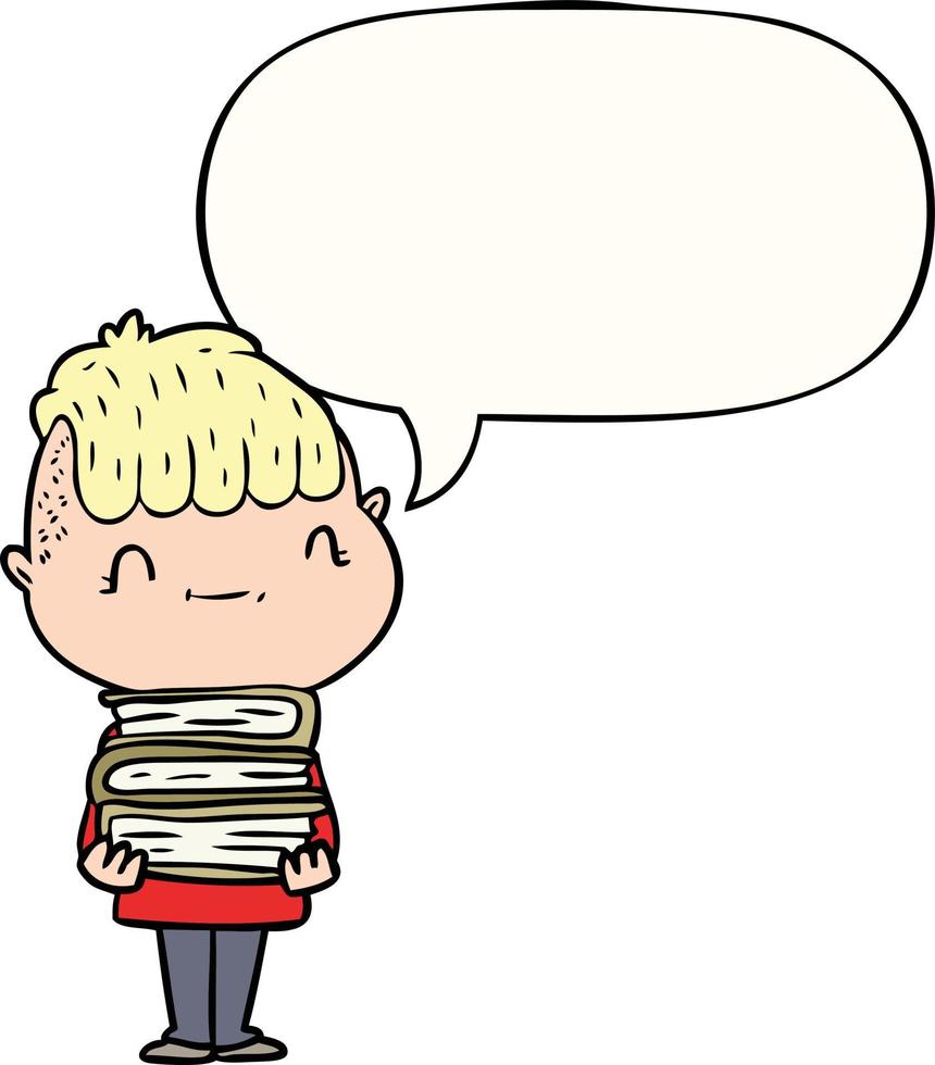 cartoon friendly boy and books and speech bubble vector