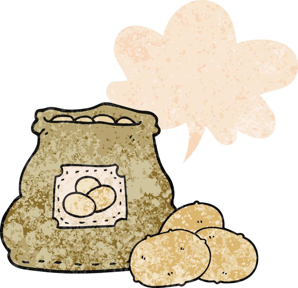 cartoon bag of potatoes and speech bubble in retro textured style vector