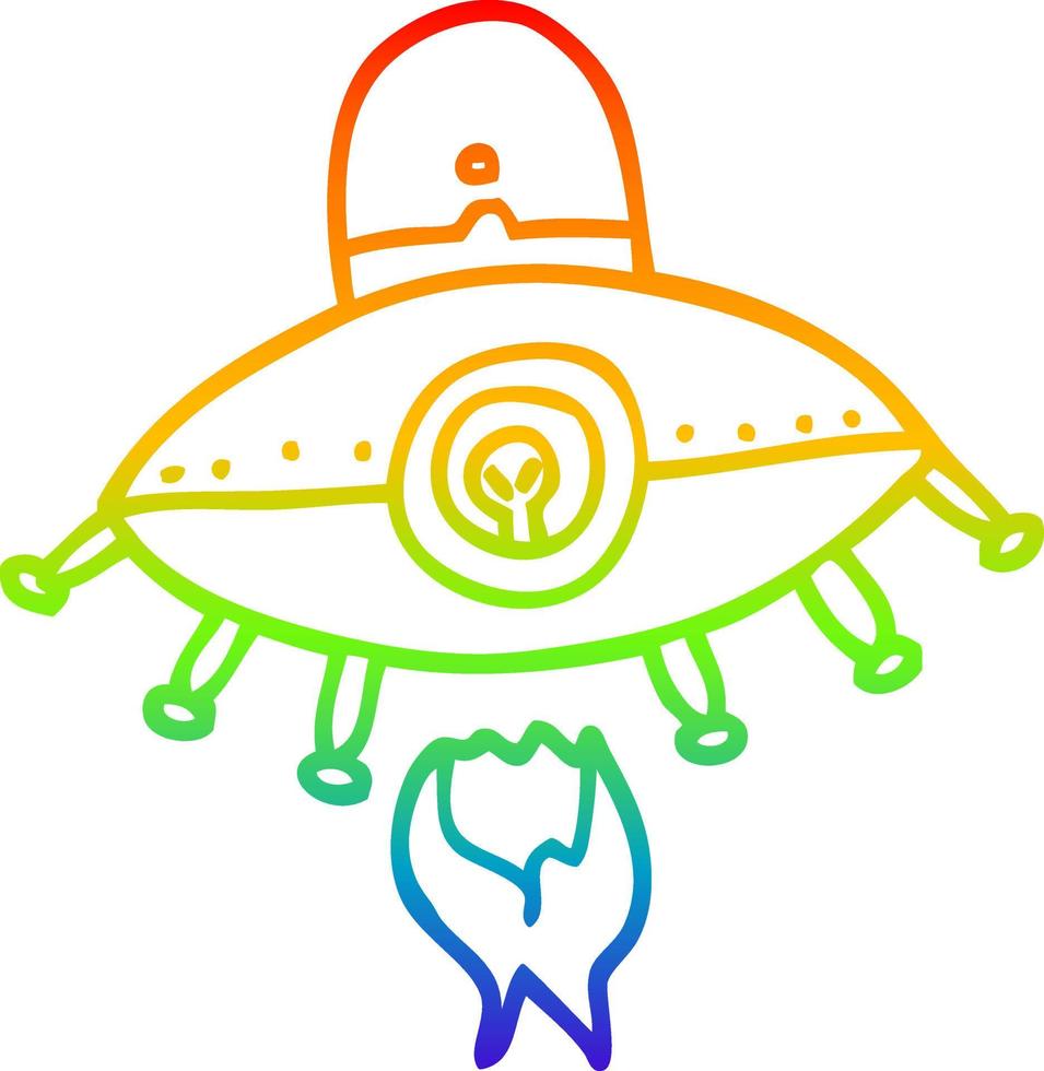 rainbow gradient line drawing cartoon alien spaceship vector