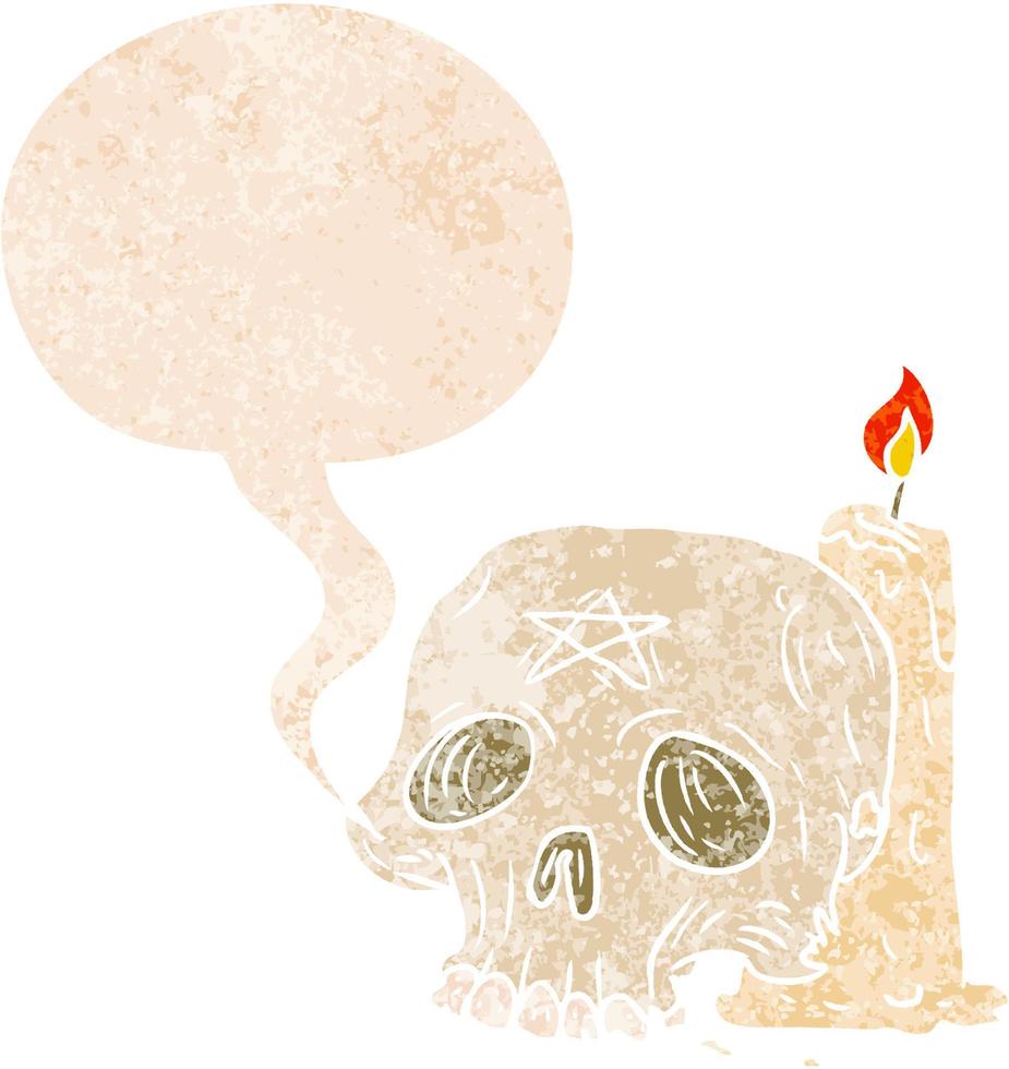 cartoon spooky skull and candle and speech bubble in retro textured style vector