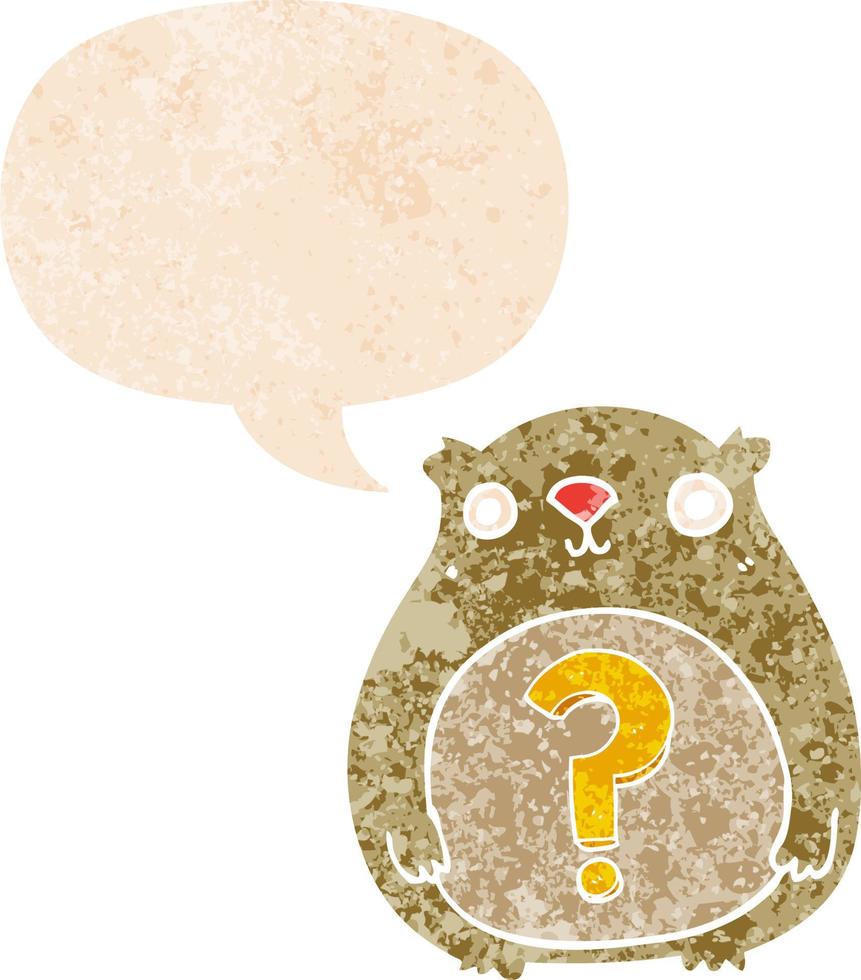 cartoon curious bear and speech bubble in retro textured style vector
