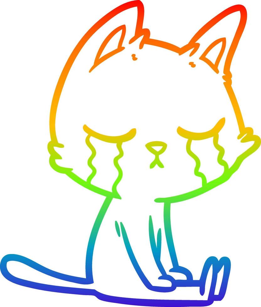 rainbow gradient line drawing crying cartoon cat sitting vector