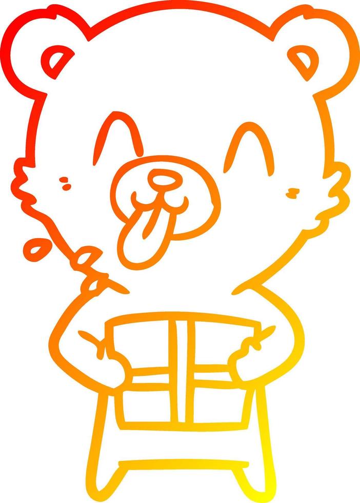 warm gradient line drawing rude cartoon polar bear sticking out tongue with present vector