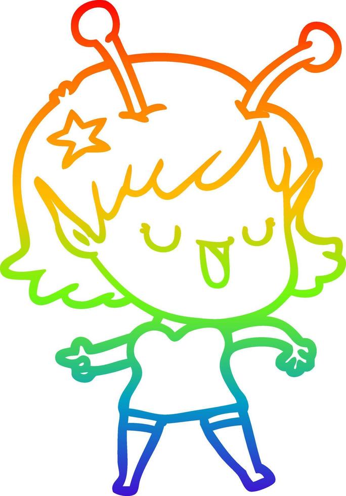 rainbow gradient line drawing happy alien girl cartoon vector
