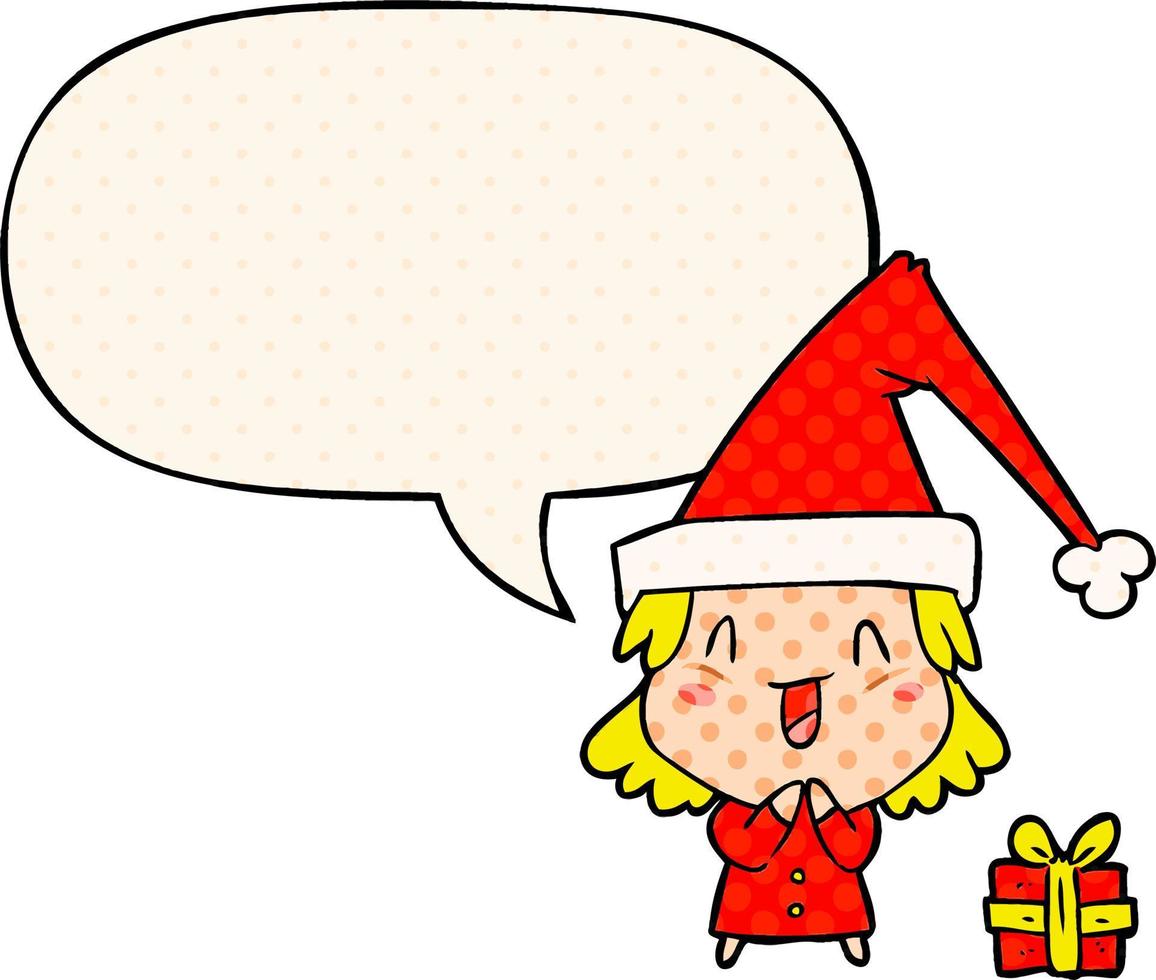 cartoon girl wearing christmas hat and speech bubble in comic book style vector