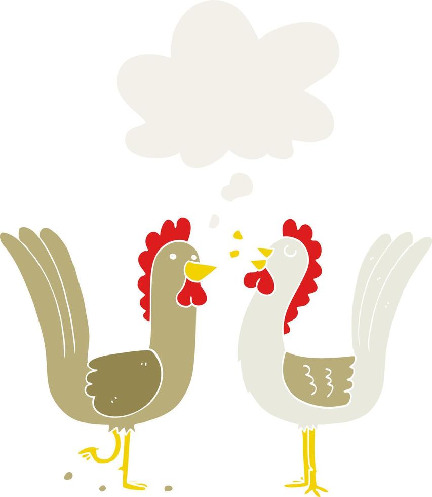 cartoon chickens and thought bubble in retro style vector