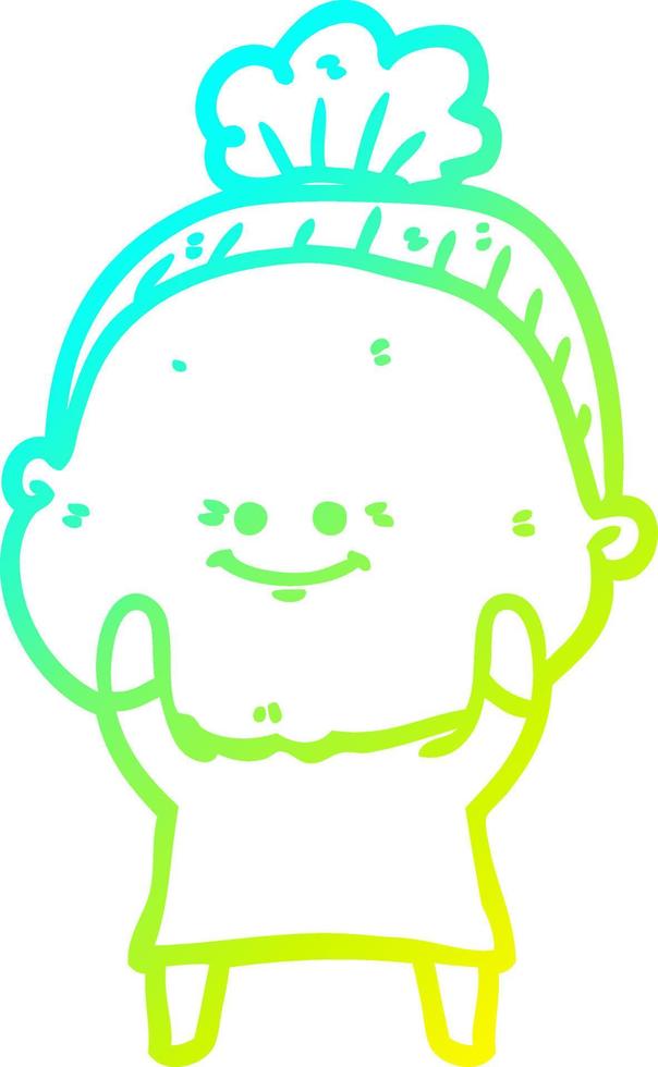 cold gradient line drawing cartoon happy old woman vector