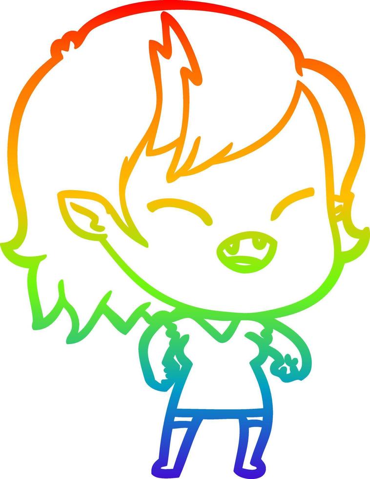 rainbow gradient line drawing cartoon laughing vampire girl vector