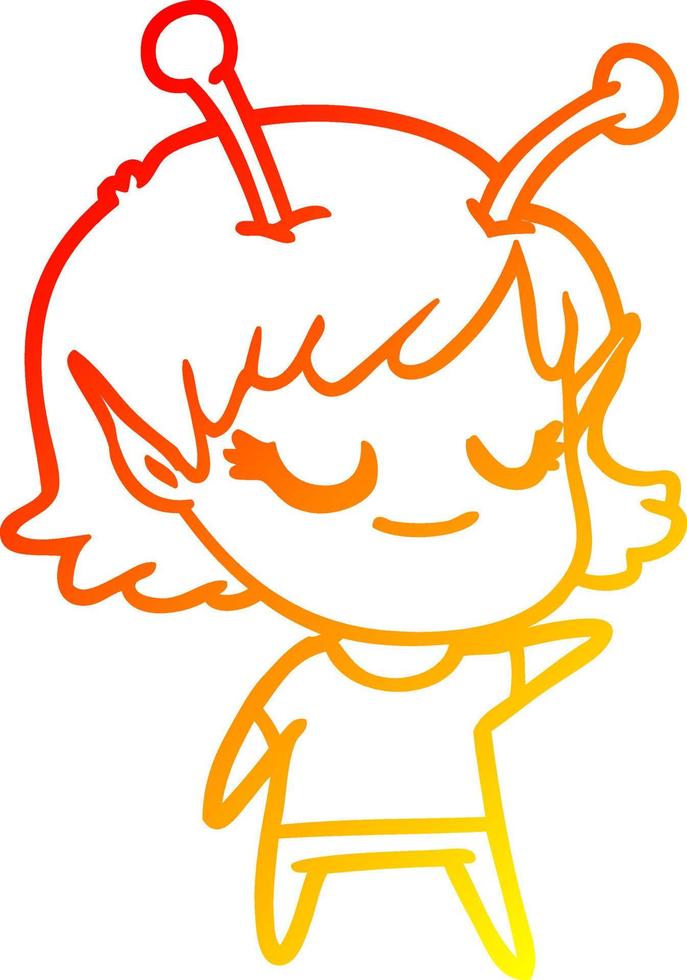 warm gradient line drawing smiling alien girl cartoon vector