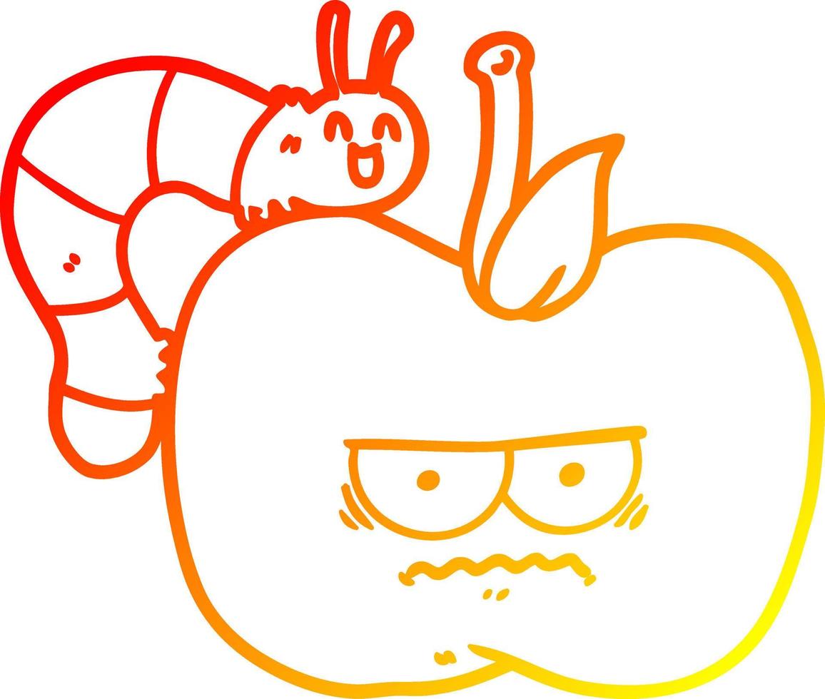 warm gradient line drawing cartoon grumpy apple and caterpillar vector