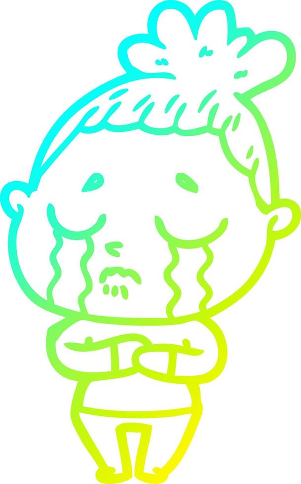 cold gradient line drawing cartoon crying woman vector