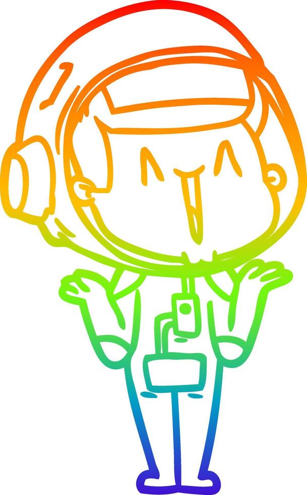 rainbow gradient line drawing happy cartoon astronaut shrugging shoulders vector