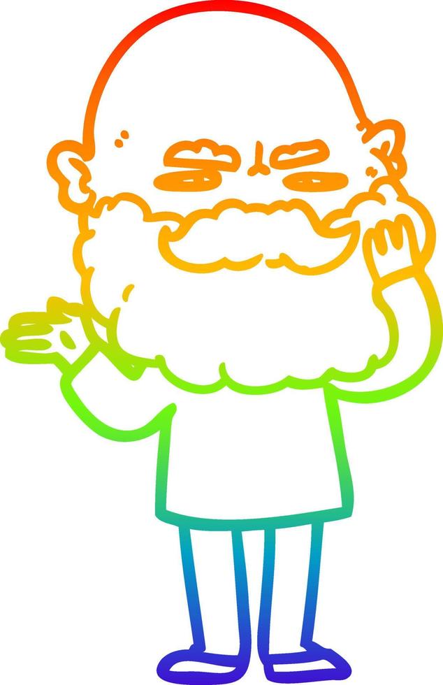 rainbow gradient line drawing cartoon man with beard frowning vector