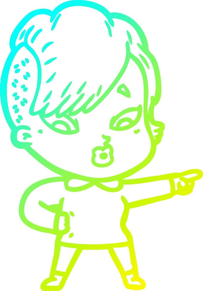 cold gradient line drawing cartoon surprised girl pointing vector