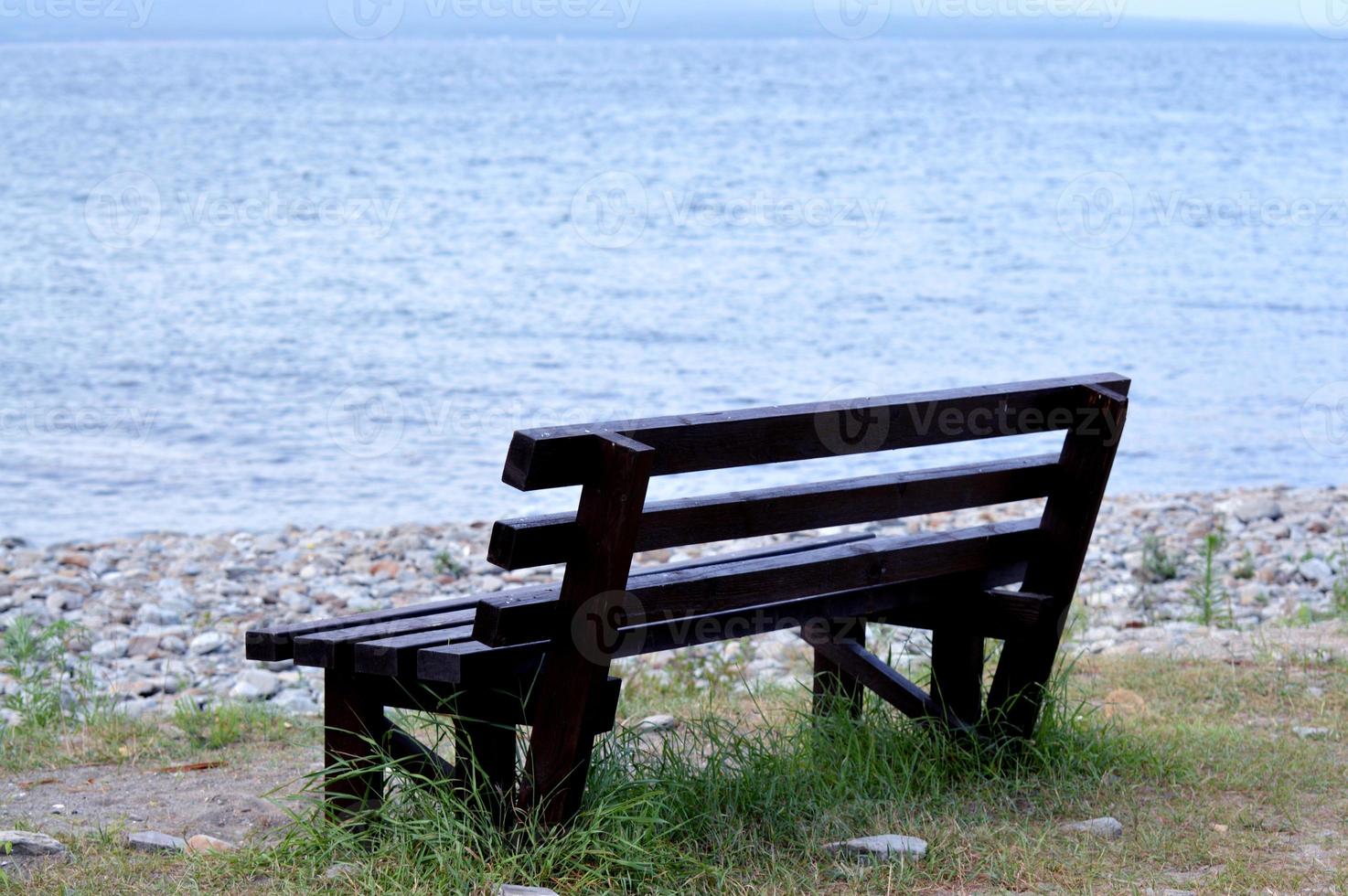 Brown wooden bench in the park. Summer sunny day. Green grass and trees. Resting and relaxing area. Empty bench for sitting. Wood exterior material. Beautiful bench near sea or lake photo