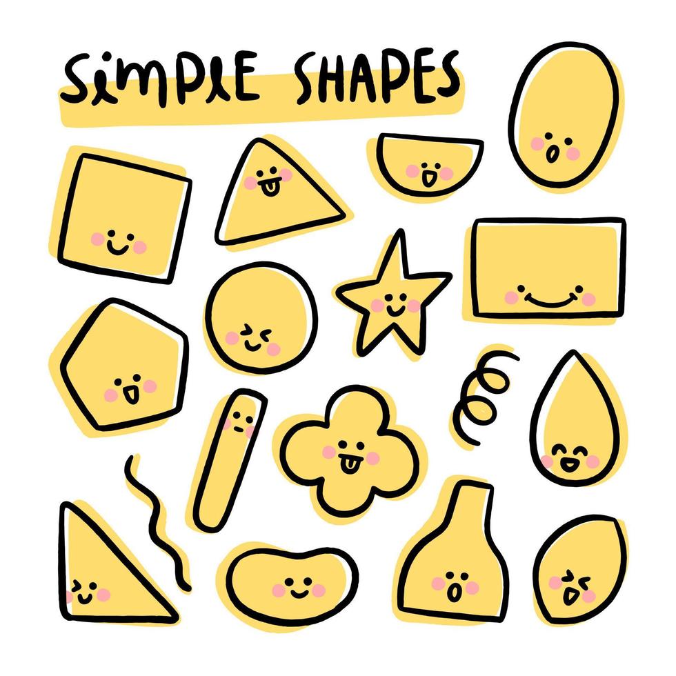 simple shapes with cute face line art hand draw for education vector