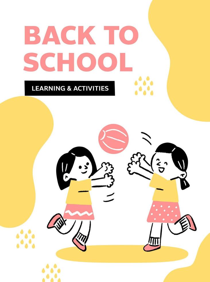 template cover back to school two kids playing ball line art hand draw simple color vector