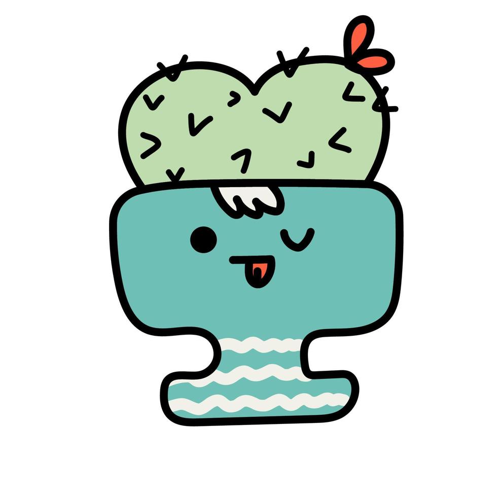 lindo cactus en una olla, ilustración de garabato vector