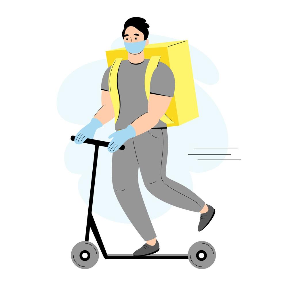 mensajero masculino enmascarado y enguantado en una scooter durante la cuarentena. concepto de servicio de entrega seguro, entrega a domicilio y oficina, quedarse en casa. ilustración vectorial vector