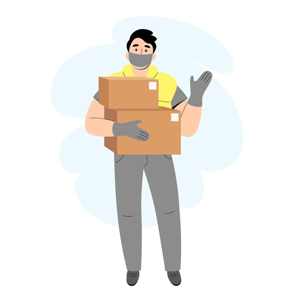 Safe delivery service concept, delivery home and office, stay home. Male courier masked and gloved  during the quarantine.  Vector illustration