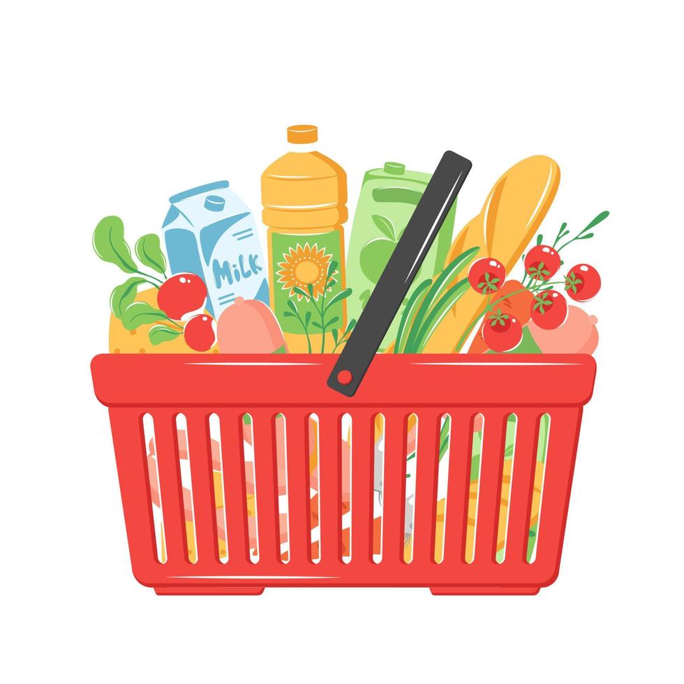 cesta de la compra. carrito de compras lleno de diferentes verduras de producción, pan, salchichas, verduras, leche, jugo, aceite vegetal. ilustración vectorial vector