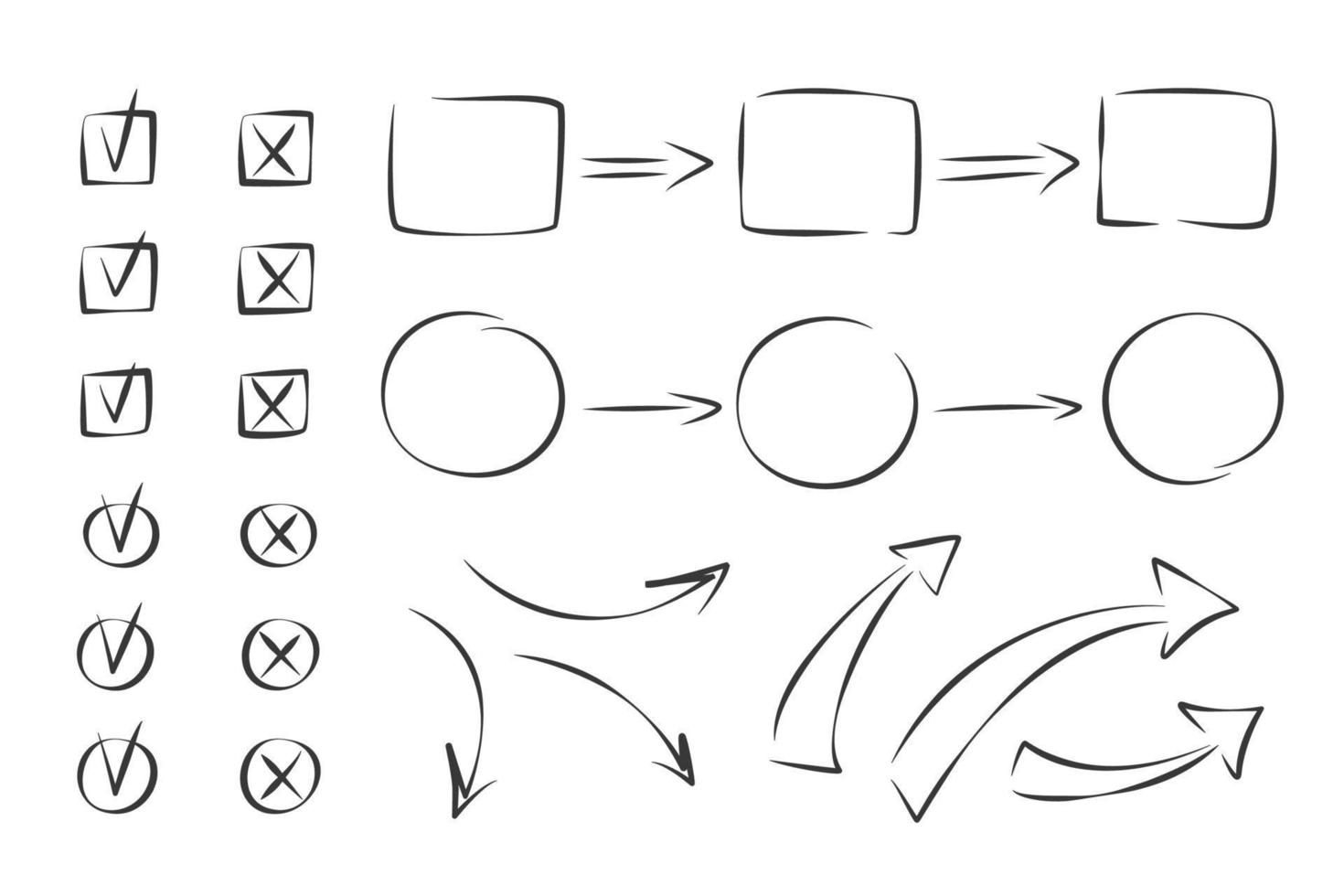 Hand drawn doodle design graphic elements. Checkbox, cross mark with box, circle element, arrows. Different complexity of the business process. Vector illustration.