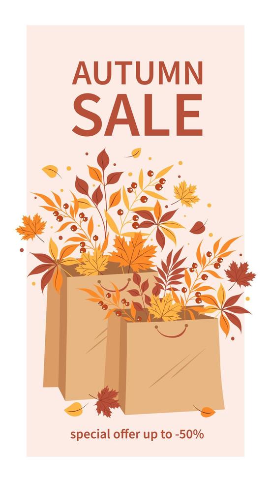 Template autumn sale for social networks stories with shopping package. Suitable for marketing promotions, stories, post and web internet ads. Vector illustration.