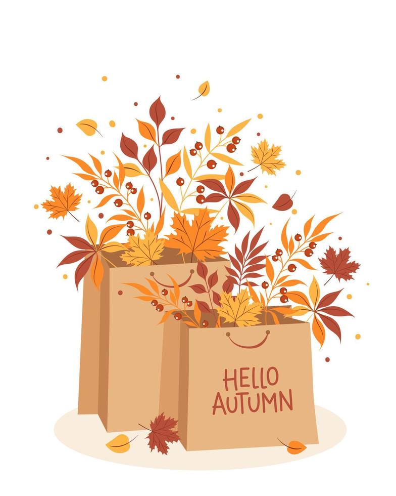 Hello autumn. Banner with  Paper bags for shopping with leaves. Bright poster, flyer with invitation for sale, template offer of discounts deals. Vector Illustration