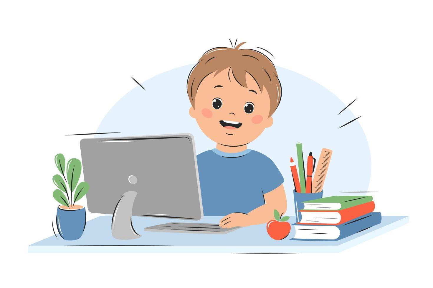 Happy little boy studies with computer and books. Online education, home school concept. Vector illustration