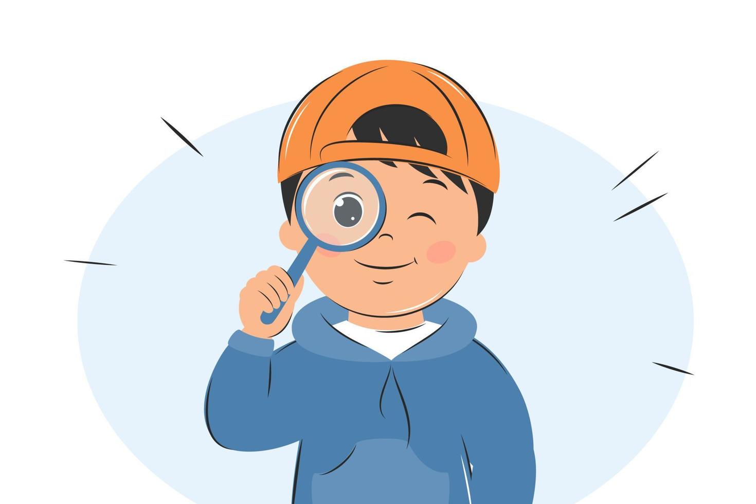 Boy holding magnifying glass. Child using magnifier for learning, study. Vector Illustration.