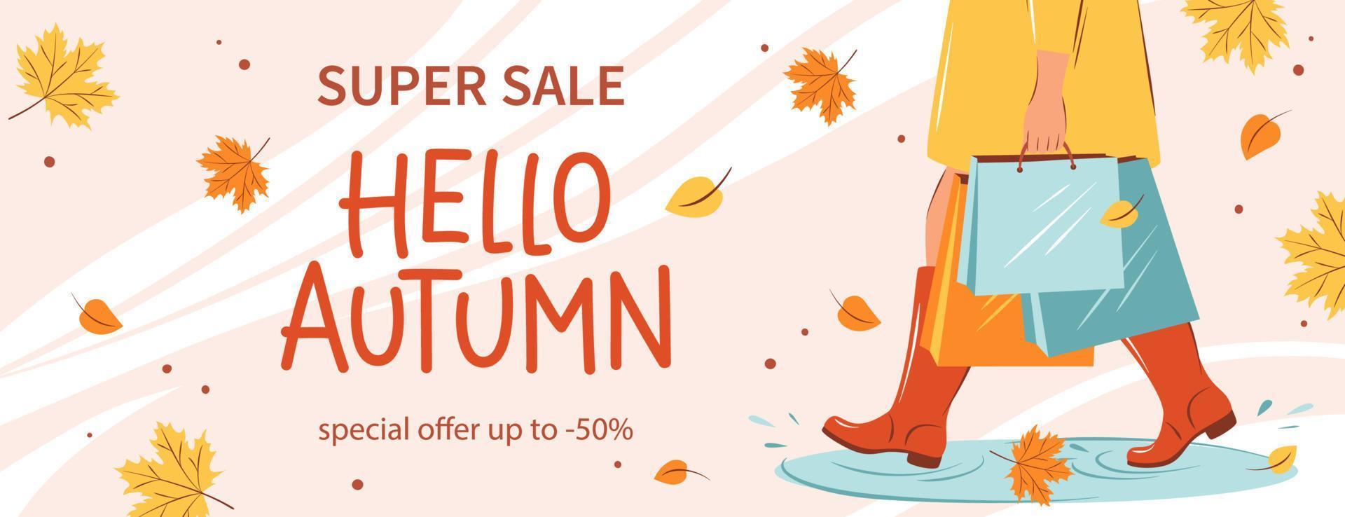 Hello autumn sale banner. Woman with purchases in autumn. Bright poster, flyer with invitation for shopping, template offer of discounts deals. Vector Illustration