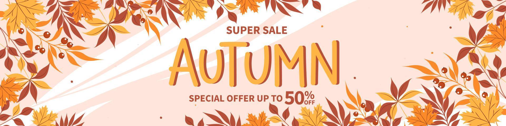 Autumn sale horizontal banner with leaves. Bright poster, flyer with invitation for shopping, template offer of discounts deals. Vector Illustration