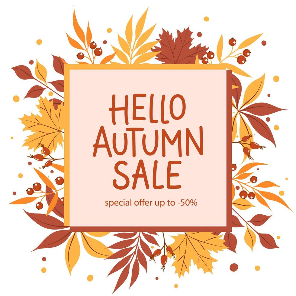 Lettering hello autumn sale with beautiful bright leaves on white background. Design for sale or promotional poster, flyer, web banner, emplate offer of discounts deals. Vector illustration